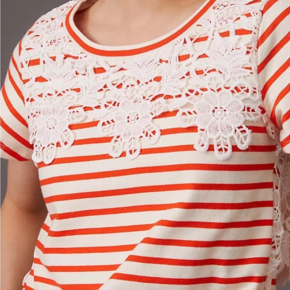 Orange and White Striped Lace Detail Tee